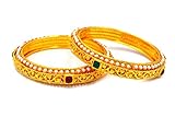 Aashya Mayro 2 Piece, Alluring Rajwadi Gold Flora Embossed, Pearl, Green and Maroon Stone Studded, High Gold Plating Bangle, Party, Valentine or Birthday Gift for Women and Girls (Size 2.6)