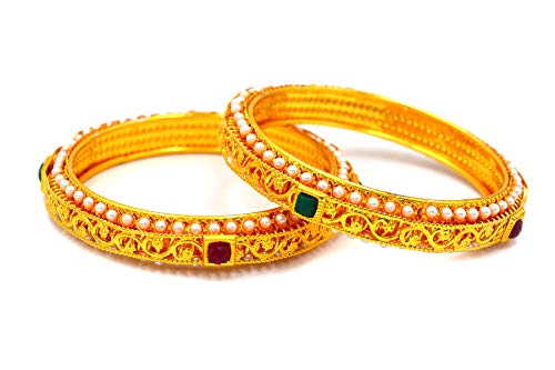 Aashya Mayro 2 Piece, Alluring Rajwadi Gold Flora Embossed, Pearl, Green and Maroon Stone Studded, High Gold Plating Bangle, Party, Valentine or Birthday Gift for Women and Girls (Size 2.6)