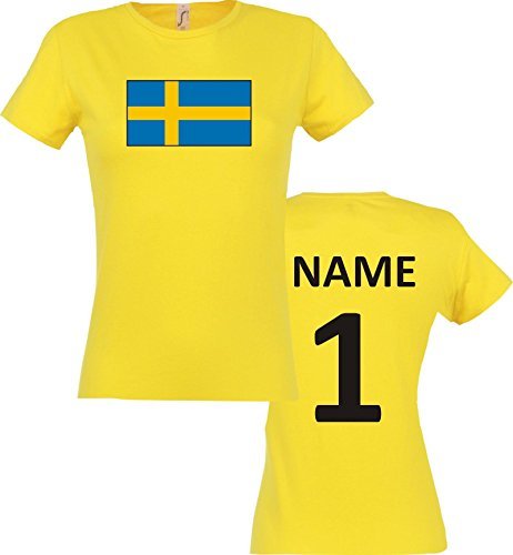 Lady T-Shirt Schweden Sweden Ländershirt mit Wunschnamen und Nummer, Farbe gelb, Größe S