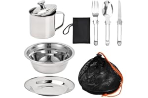 Volumoon Cubiertos Camping de 8 Piezas, Vajilla de Acero Inoxidable Portátil, Incluye Cuchara, Cuchillo, Tenedor, Taza, Tazón y Plato, Bolsa Organizadora Portátil, Bolsa de Red para Viajes