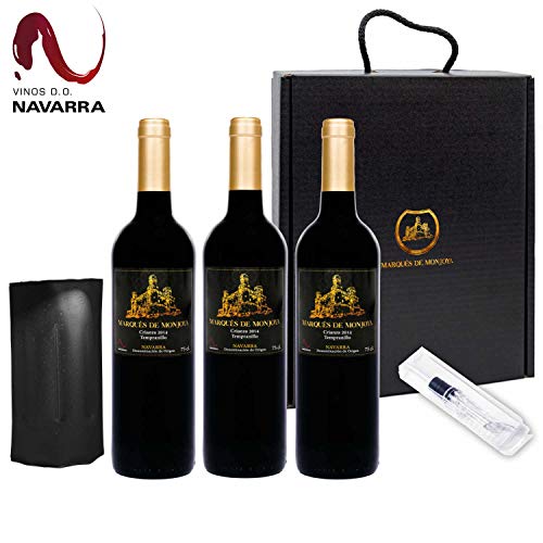 TITULO: Caja de Vino Tinto - Pack de 3 Botellas con Set que incluye Enfriador y Aireador - Oxigenador - Regalo Original - Crianza D.O. Origen Navarra añada del 2014 - Estuche ideal para regalar