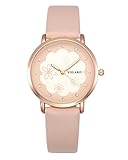 JSDDE Uhren, Armbanduhr Frauen Quarzuhr Damen Blumen Muster Elegante Analoge Uhr mit Lederarmband (Hellbraun)