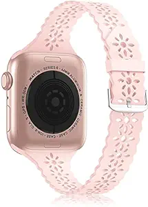 Zitel Bands Compatible with Apple Watch Straps for Women Girls, Slim Narrow Thin Hollowed-Out Scalloped Band for iWatch 41mm 40mm 38mm Series 7 6 5 4 3 2 1 SE - Pink