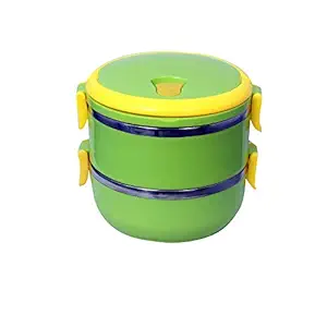 Casabella Dinner Tiffin Lunch Boxes for School Office, Inner Stainless Steel Lunch Box with Round Color Handle 2 Deck 1.5L Color- Randam