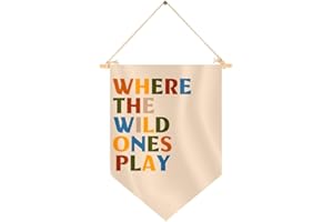LUIVU 15.4x11.1 Inch Hanging Linen Pennant with Where The Wild Ones Play Wall Decoration - Hanging Banner Wall Decor Gift for Nursery Baby Kids Girl Boy Teen - Pennant Single Sided Flags Wall Art Banner