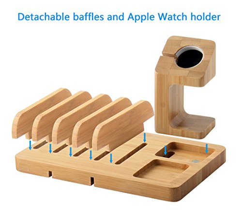 Supporto Apple Watch, IPUTY Bamboo Wood Supporto dock per Apple Watch Series (38mm e 42mm), 5-Slot Staccabile Universal Cradle Station Organizer per iPhone, iPad, Tablet o altri Smartphone