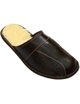 Herren Leder Hausschuhe Warme Pantoffeln Schafwolle Futter Braun XH03