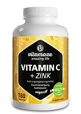 Vitamaze - amazing life Vitamine C fortement dosée 1000 mg + bioflavonoïdes + zinc, 180 comprimés végétaliens, quantité pour 6 mois, produit de qualité allemande sans stéarate de magnésium, GARANTIE DE REMBOURSEMENT À 100 %
