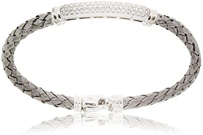 Sterling Silver Black Woven Bracelet Cubic Zirconia Block