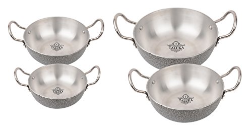 Taluka Aluminum Black Coated Kadhai with Handle, Silver, Set of 4