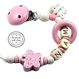 PREMIUM Schnullerkette mit Namen HOLZ Modell Schmetterling Glitzer rosa