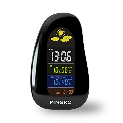 PINGKO Estación meteorológica Digital,inalámbrica, Dentro y Fuera de casa,con Monitor de Temperatura y Humedad,con Sensor meteorológico - con Forma de Piedra,Negro y con retroiluminación LED