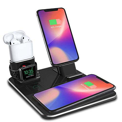 SETROVIC 4In1 Wireless Charging Dock, Two Phone Stand Holder, Aluminum Charger Station Compatible iPhone X/XS/XS Max/8/8Plus, Compatible Apple watch/Airpods (Include 3 Charging Cables)