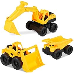Relaxdays 10023916 Lot de 3 Jouets de Construction avec Pelleteuse Frontale et Camion pour bac à Sable et Chambre d'enfant en Plastique Jaune