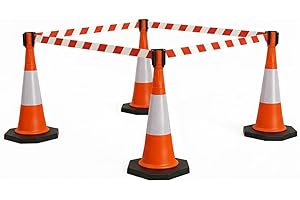 COCUS Traffic Cone & Retractable Barrier Kit 750mm High | Road Safety, Car Parking & Construction Use | Durable Portable Cones with Chevron Safety Warning Tape (4 Cones + 4 Retractable Barrier)
