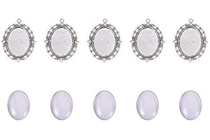 PH PANDAHALL PandaHall Ensemble de Plateaux Pendentifs - 5pcs Plateaux à pendentif en argent antique Pendentifs ovales en alliage avec 5pcs Cabochons en verre pour photo souvenir, diplôme de mariage
