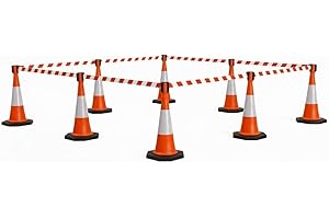 COCUS Traffic Cone & Retractable Barrier Kit 750mm High | Road Safety, Car Parking & Construction Use | Durable Portable Cones with Chevron Safety Warning Tape (8 Cones + 8 Retractable Barrier)