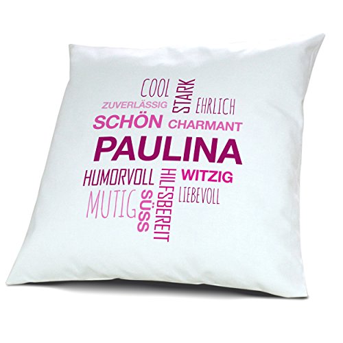 Kopfkissen mit Namen Paulina - Motiv Positive Eigenschaften Tagcloud Pink, 40 cm, 100% Baumwolle, Kuschelkissen, Liebeskissen, Namenskissen, Geschenkidee