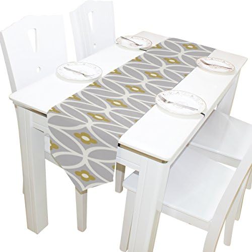 DJROWW White Grey Mustard Circles Pattern Table Runners For Home Decorative Coffee Table 13x90(in) Polyester Table Runner