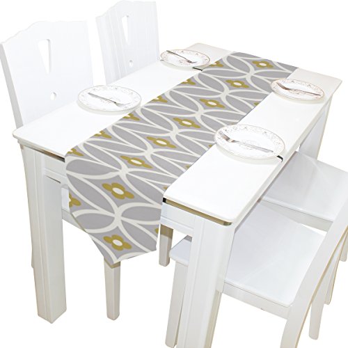 DJROWW White Grey Mustard Circles Pattern Table Runners For Home Decorative Coffee Table 13x90(in) Polyester Table Runner