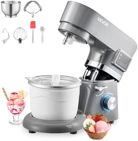VEVOR Gelatiera 1,7L, Planetaria a 6 Velocità con Display Digitale a LED, Timer, Paletta, Gancio per Impastare e Paraspruzzi, per Yogurt Gelato Fai da Te, Gelato alla Frutta, Sorbetto, Grigio 1400W
