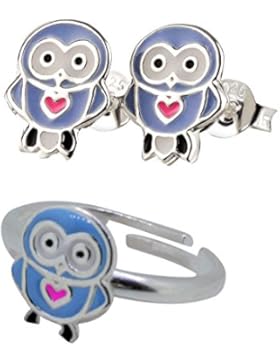 SL-Silver Set Kinderohrringe und Kinderring kleine Eule mit Herz 925 Silber in Geschenkbox