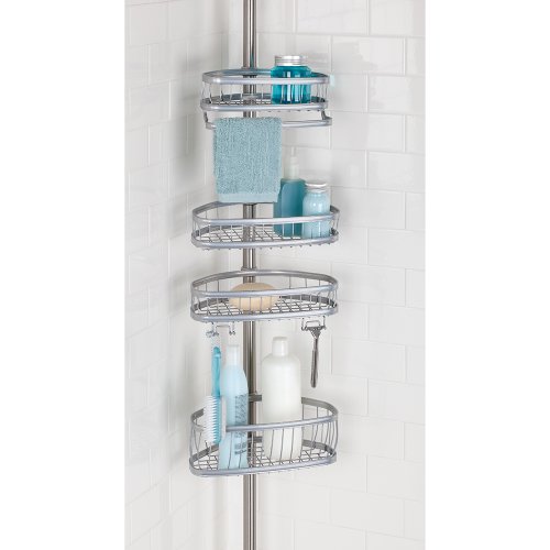 InterDesign York Teleskop Duschregal | mit Handtuchhalter und Haken | hochwertige Duschablage ohne Bohren | vierfacher Duschkorb für mehr Stauraum | Metall silber lackiert - 3