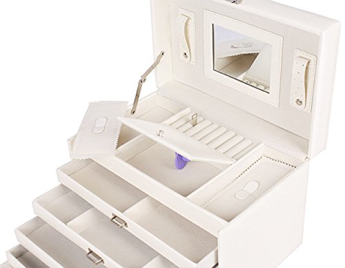 Schmuckkästchen Schmuckschatulle Schmuckkasten Schmuckbox Schmuckkoffer Schmuck 4 Fächer Lederoptik weiß rot oder schwarz - 5