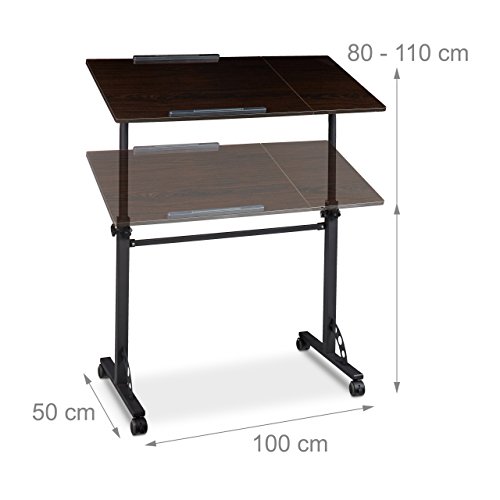 Relaxdays Laptoptisch groß XXL höhenverstellbar, HxBxT: 110 x 100 x 50 cm, Holz, Mobiles Rednerpult, Bremsbare Rollen, Notebook, Beamer, Laptops, 2 Ablagen, Ebenholz schwarz - 2