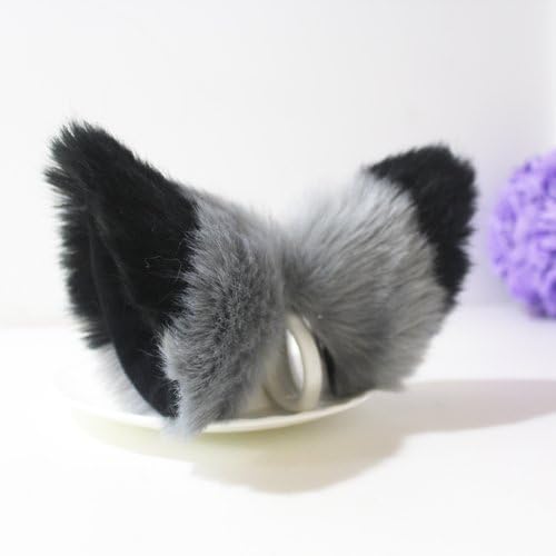 Lolita Anime Cosplay Costume Fluffy long fur Party Neko Cat ears Hair clip (Gray with Black Top)