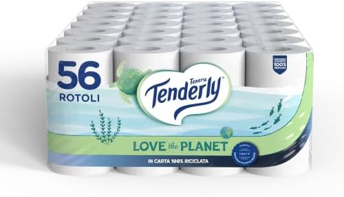 Tenderly Love the Planet, 56 Rotoli di Carta Igienica (14 conf. da 4 rotoli), Cellulosa 100% Riciclata, Dermatologicamente Testato, Made in Italy