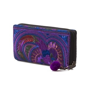 Changnoi One of a Kind Hmong Hill Tribe Embroidered Women Wallet/Purse Fair Trade Purse with Pom Pom Zip Pull