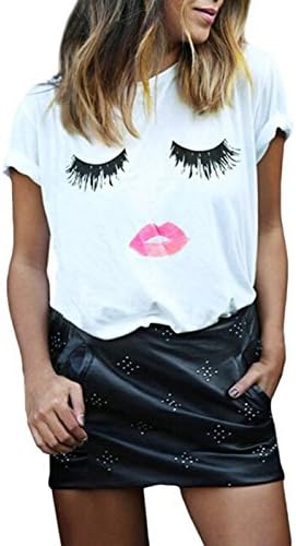 Arrowhunt Womens Short Sleeve Eyelash Lips Loose T-shirt White