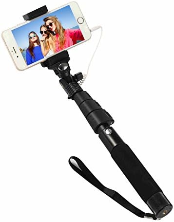 Wired Selfie Stick,KOMRT Professional High End Alloy Selfie Stick with Universal Phone Holder for iPhone 6 6s Plus 5s, Samsung Galaxy S5 Note 4 Note 5 Android (Black)