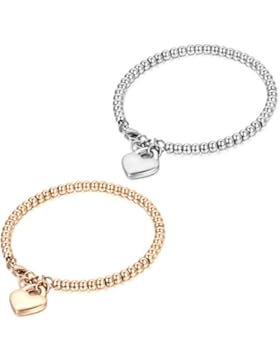 JewelryWe 2PCS Schmuck Charme Damen Kugel Perlen Armband,Handgelenk Kugel Perlenkette mit solid Herz Anhänger...