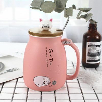 Good quality cup Creative wooden door cat milk mug cute cartoon ceramic cup couples the abdominal belt cover spoon breakfast water cups, Pink