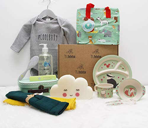 Canastilla bebé unisex Happy Baby - Cesta regalo bebé a partir de 6 meses - Incluye productos de cosmética, para la hora de comer y más productos de puericultura