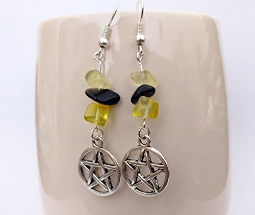 Black Agate and Citrine Gemstone Chip Handmade Dangle Earrings with Tibetan Silver Pentacle Charm