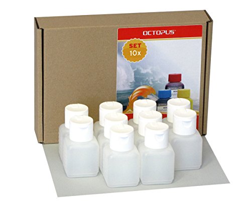 10 x 50 ml Octopus Kunststoffflaschen, HDPE Plastikflaschen mit weißem Klappverschluss, Leerflaschen mit weißem Scharnierverschluss, Vierkantflaschen inkl. 10 Beschriftungsetiketten