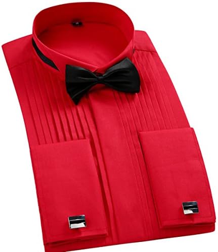 Allthemen Mens Dress Shirt Slim Fit Pleated Fold Down Collar Shirts Evening Wedding Tuxedo Dinner Shirts with Bow Tie 3 Colors