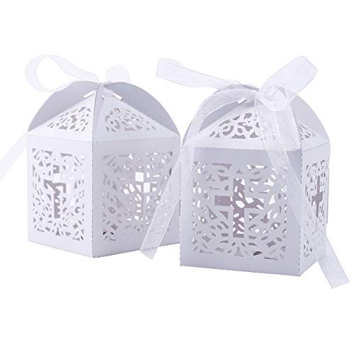 SurePromise White Cross Laser Cut Hollow Candy Favor Gift Box Wedding Decoration Christening Baby Shower Party Bomboniere Favors with Ribbons (20)