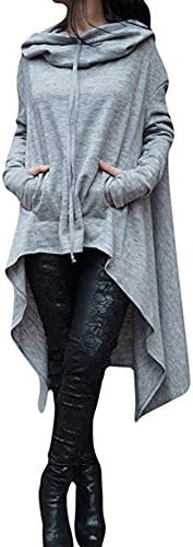 FANTIGO Women’s Kangaroo Pockets Pullover Hoodie Asymmetric Hem Sweatshirt Tunic Dress(Light Grey,XXXL)
