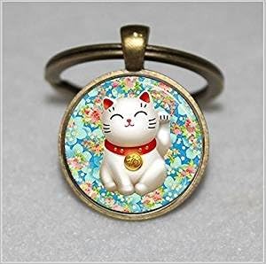 Lucky Cat Keychain, Pink and Blue Flower Blossom Keychain, Good Luck Keychain