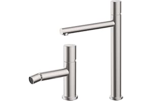 INBAGNO Set miscelatori lavabo alto e bidet satinato senza leva in acciaio inox, manopola rotante e indicatori per l’acqua, GEMINI