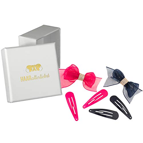 HAARallerliebst Juego de 6 Horquillas para el Pelo con Lazos (6 Piezas de Color Rosa y Azul, 5,5 cm), Incluye Caja Blanca para guardarlo