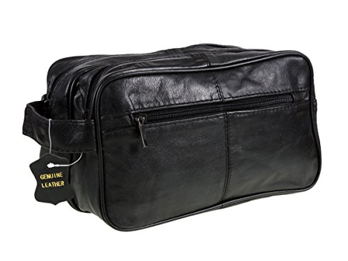 Men's Black Leather Washbag Travel Wash Bag with 2 compartments and handle