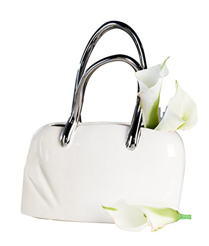 Exklusive Deko Tischvase in Form einer Handtasche aus Keramik weiß/silber
