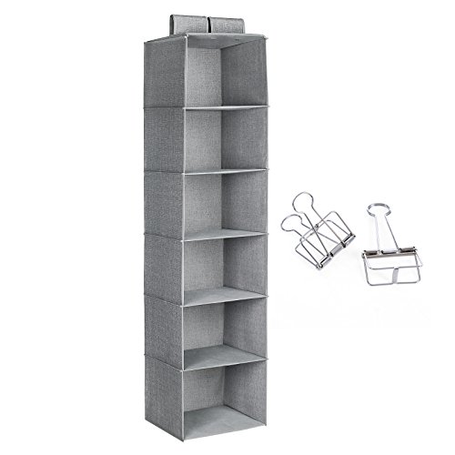 Songmics Hänge-Aufbewahrung mit 2 Klettband 30 x 130 x 30 cm Hängeregal Organizer für Kleiderschrank 6 Regalfächer + 2 Klammern grau RCH06G