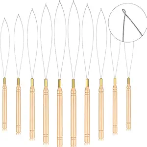 NEITSI 10 Pieces Hair Extension Loop Needle Threader Wooden Hair Extensions Loop Needle Pulling Hook Tool and Bead Device Tool Black Loop Threader for Hair or Feather Extensions