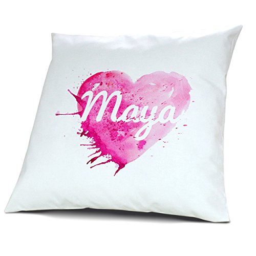 Kopfkissen mit Namen Maya - Motiv Painted Heart, 40 cm, 100% Baumwolle, Kuschelkissen, Liebeskissen, Namenskissen, Geschenkidee